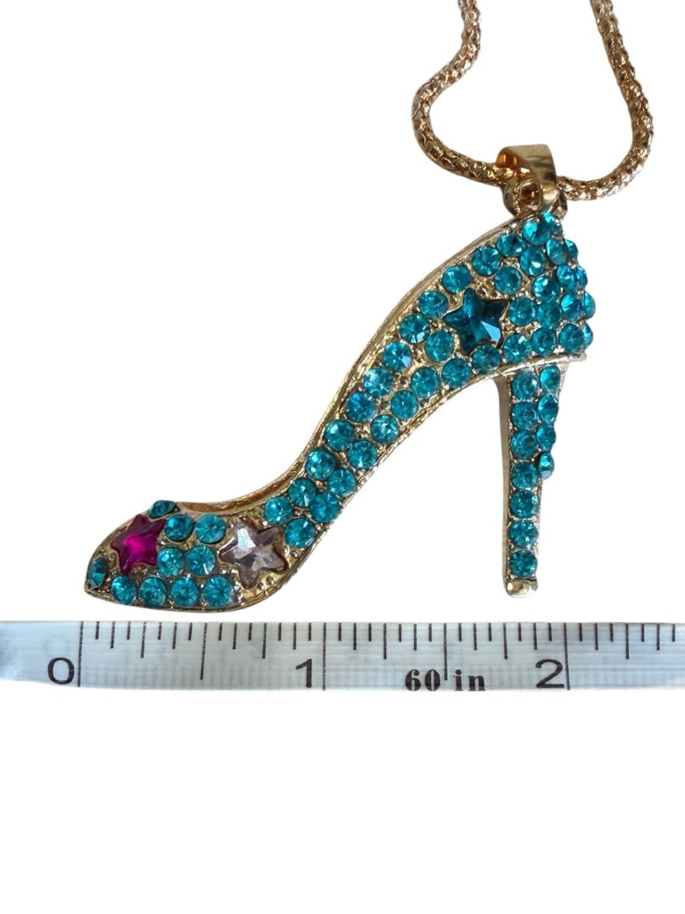 Betsey Johnson Blue Rhinestone Stiletto High-Heel Pendant Necklace NWT - Picture 7 of 9